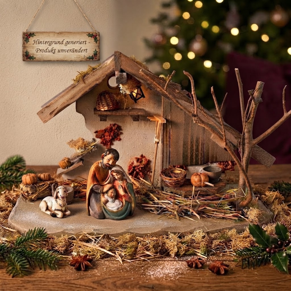 Traditionelle Weihnachtskrippe Treuf inkl. Heilige Familie 098 und einem Schaf, Maße Krippe: ca. 30 x 11 x 18 cm